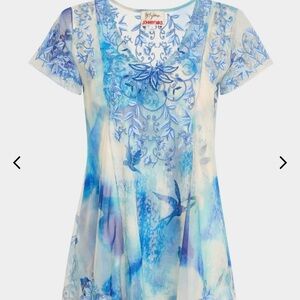 Johnny Was  Biya  Lisette Bird Mesh Blue and White Blouse with embroidery . NWT